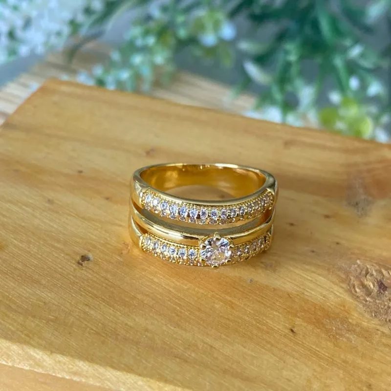 anel ouro solitário 2 aros cravejado com e 1 aro liso