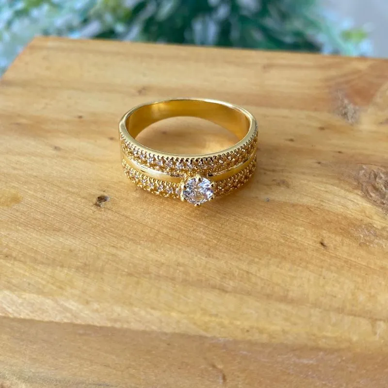 anel ouro solitário 2 aros cravejado com e 1 aro liso