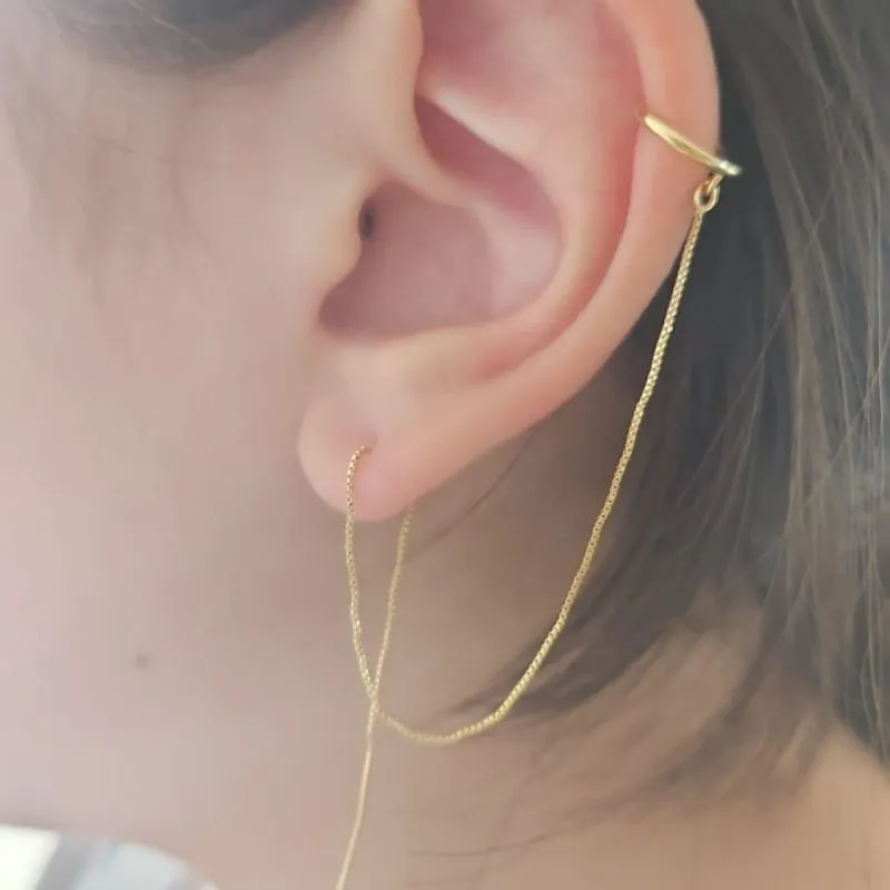brinco ouro agulha pendurada com cordinha + piercing