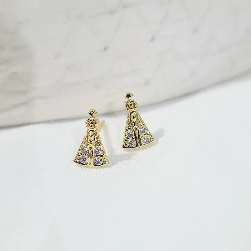 brinco ouro nossa senhora cravejada cristal