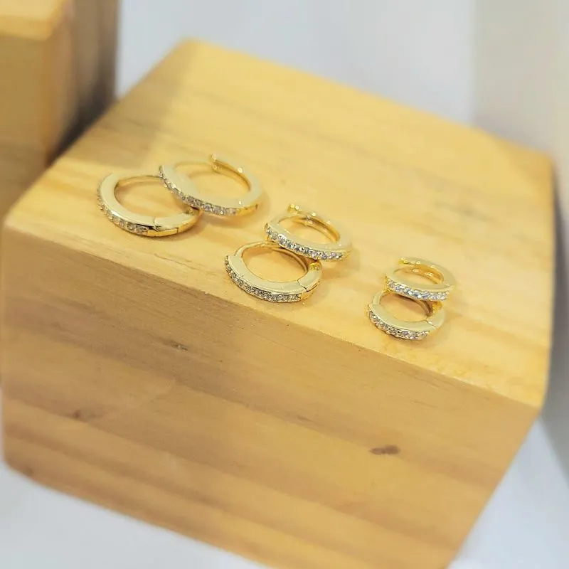 brinco ouro trio argola cravejada cristal