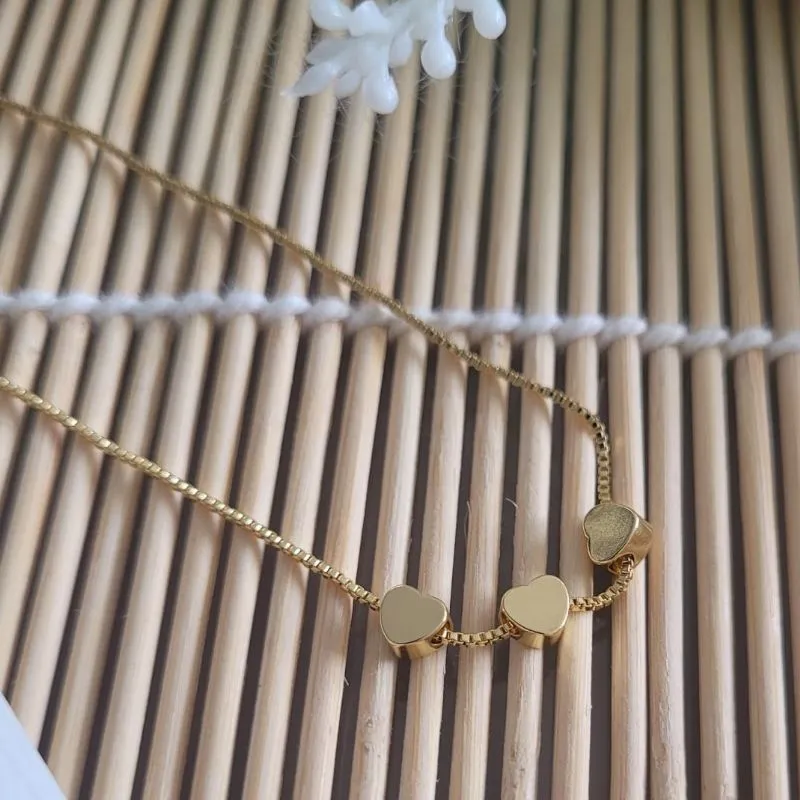colar ouro choker 3 corações chapado liso