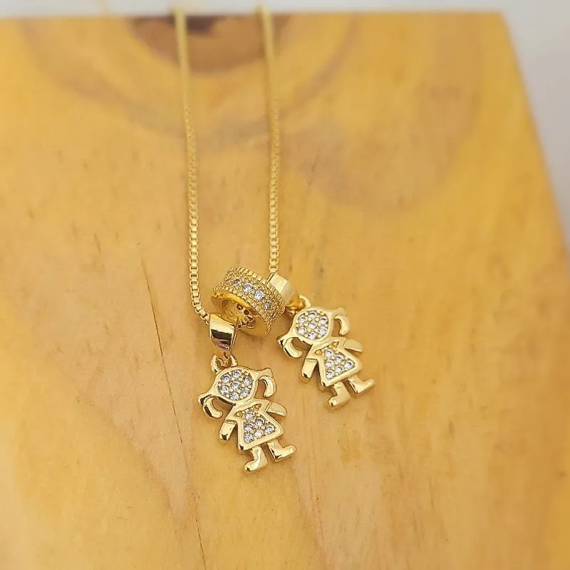 colar ouro duas meninas cravejado cristal