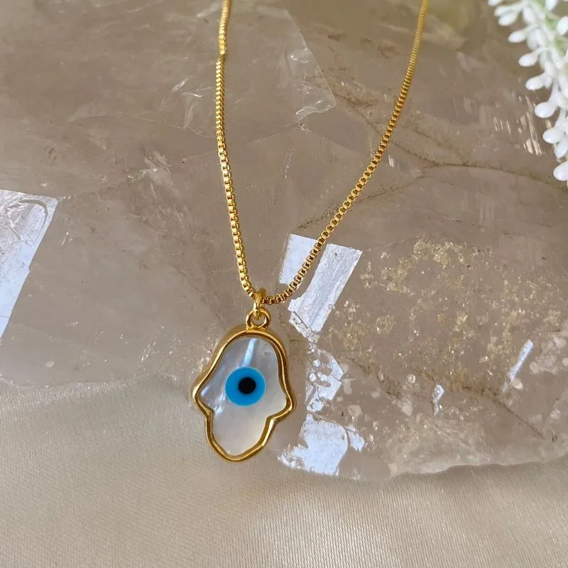 colar ouro mão de fatima de olho grego