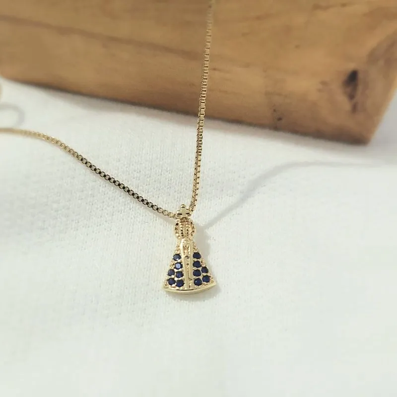 colar ouro nossa senhora cravejado com zirconia azul