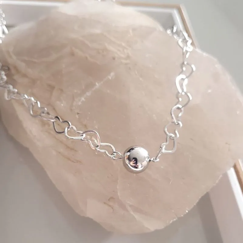 colar rodio choker bola lisa com corrente de coração