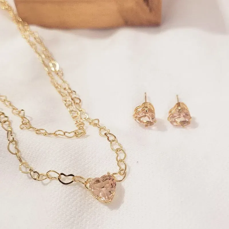 conjunto ouro colar duplo coração rosa claro