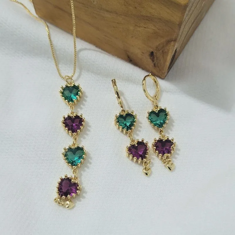 conjunto ouro coração verde e coração roxo