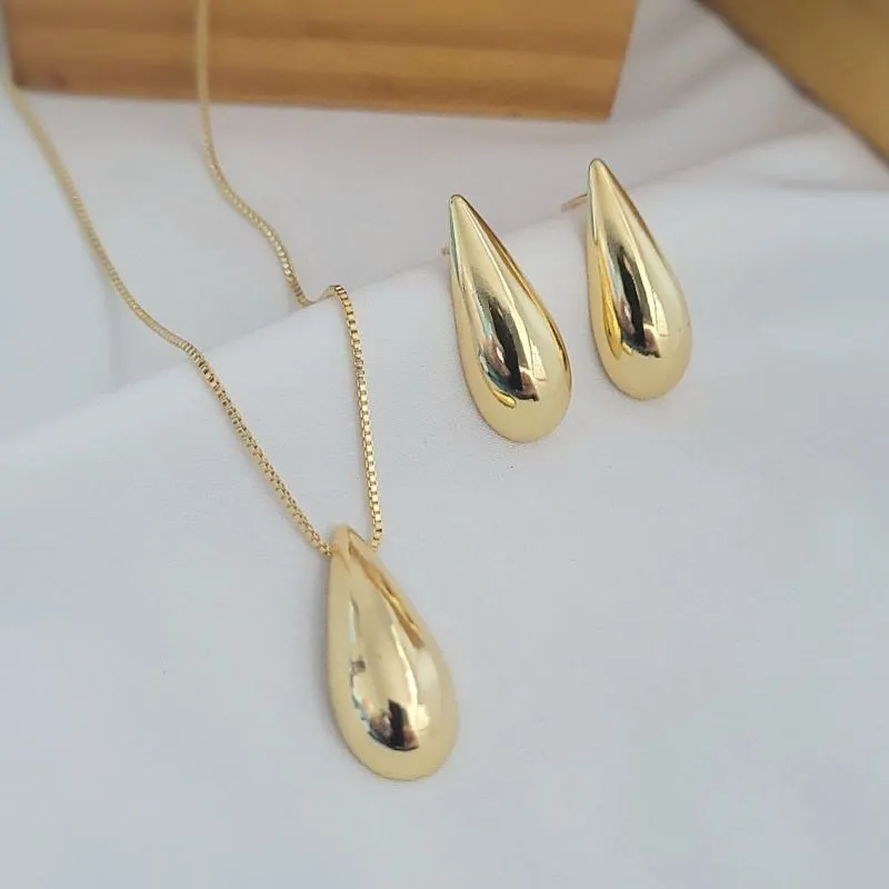 conjunto ouro gota alongada lisa