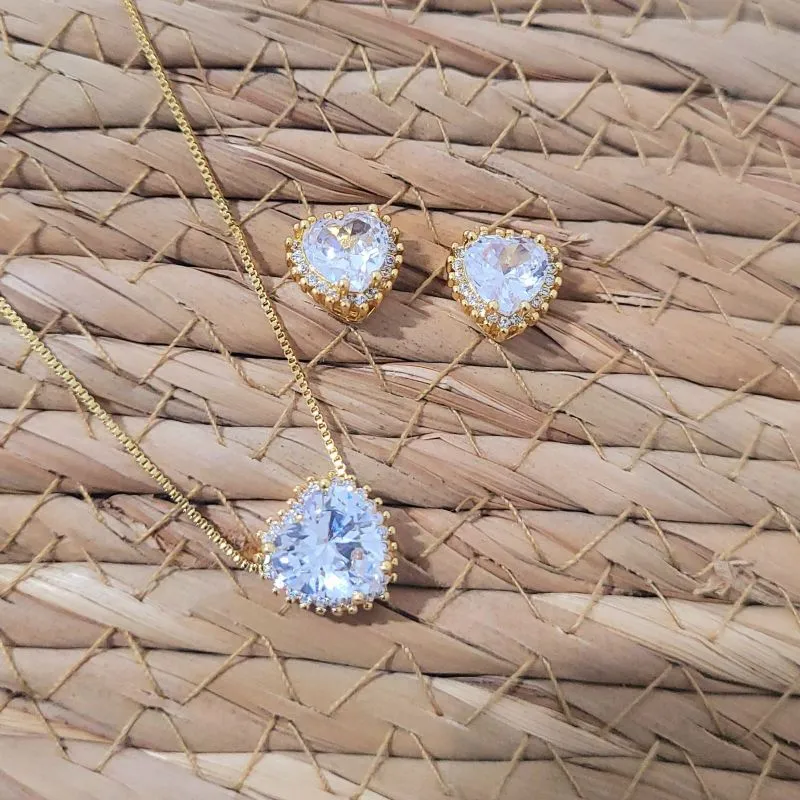 conjunto ouro ponto de luz coração cristal