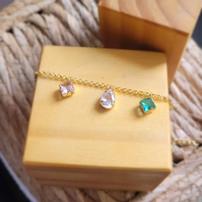 pulseira ouro elo português gota cristal e pedras colors