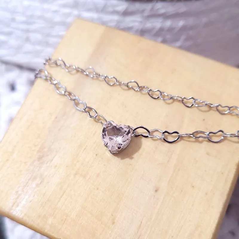 pulseira rodio dupla coração nude