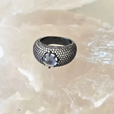 anel ródio negro cristal redondo azul todo cravejado zircônias