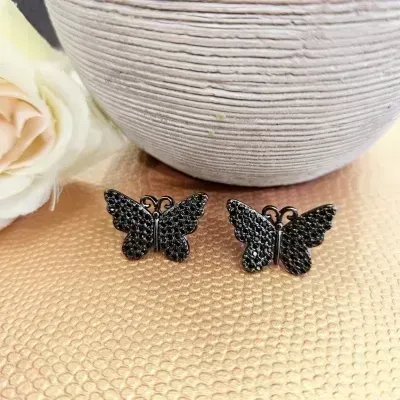 brinco rodio negro borboleta cravejada zirconias negras