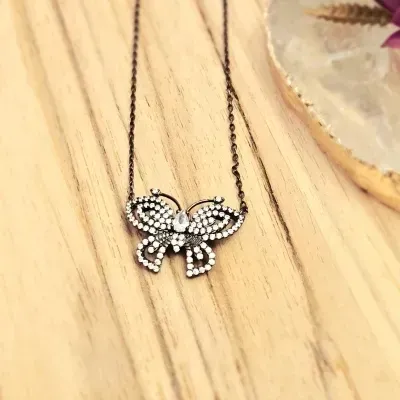 colar ródio negro borboleta cravejada zircônias