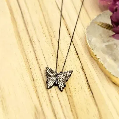 colar rodio negro borboleta zirconias color