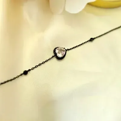 pulseira ródio negro coração cristal nude volta zirconias negras