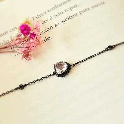 pulseira ródio negro coração cristal rosa volta zirconias negras
