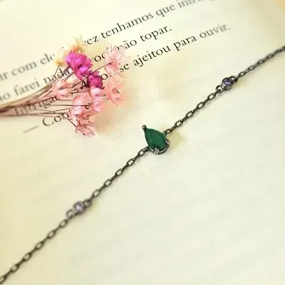 pulseira ródio negro corrente gota verde