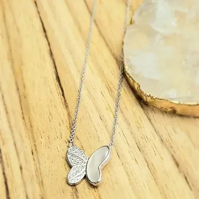 colar ródio borboleta com asa meia cravejada zirconias e meia madrepérola