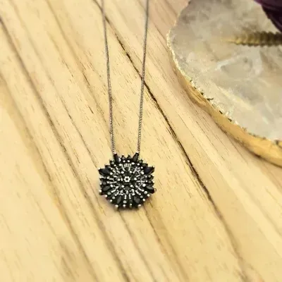 colar rodio negro circulo cristais pretos tipo pizza