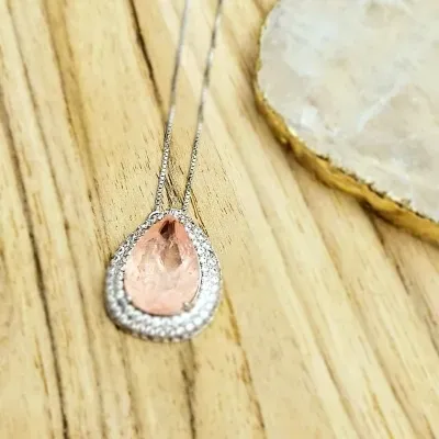 colar rodio gota rosa salmao com base 3 voltas zirconias