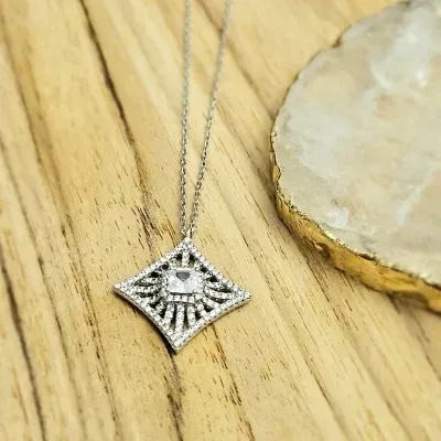colar rodio losango com volta e riscos zirconias meio quadrado cristal