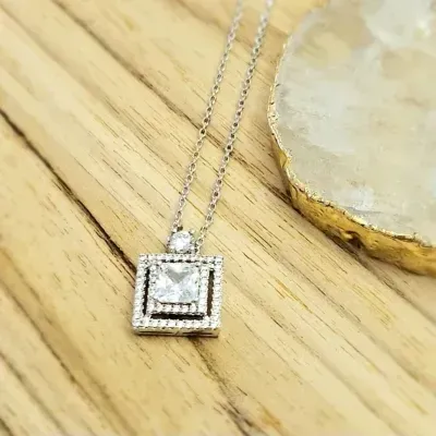 colar rodio quadrado cristal com 2 voltas zirconias e 1 zirconia em cima
