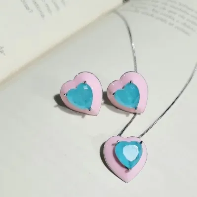 conjunto rodio coração esmaltado rosa com pedra fusion turmalina